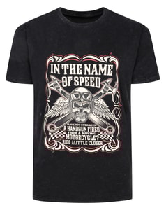 Bigdude – T-Shirt mit „In The Name Of Speed“-Print in Acid Washed Schwarz