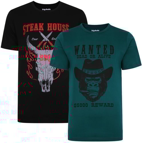 Bigdude Print T-Shirts im Doppelpack Grün/Schwarz Tall Fit 