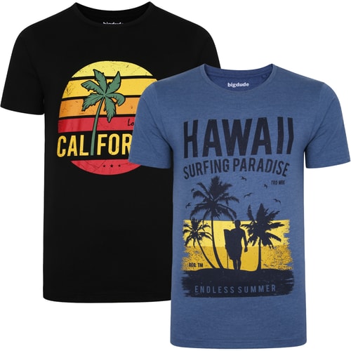 Bigdude Print T-Shirts im Doppelpack Schwarz/Jeansblau Tall Fit 