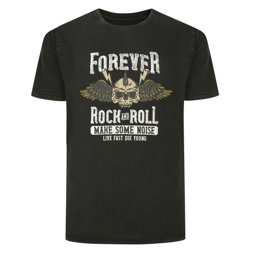 Bigdude Forever Rock and Roll Print T-Shirt, gewaschenes Schwarz