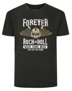 Bigdude Forever Rock and Roll Print T-Shirt, gewaschenes Schwarz, Größe L
