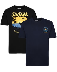Bigdude T-Shirt mit Sonnenuntergangsdruck, 2er-Pack, Schwarz/Navy