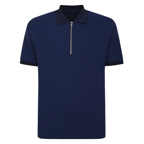 Bigdude – Geometrisches Poloshirt mit Reißverschluss, Marineblau