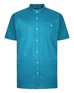 Bigdude Leinen Kurzarmhemd mit Grandad Kragen Türkis