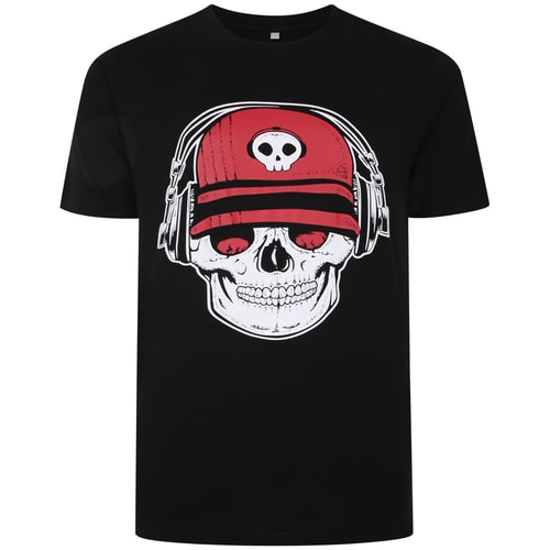 Bigdude T-Shirt mit Totenkopf-Kopfhörer-Aufdruck, Schwarz, groß