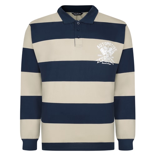 Bigdude Detroit Print Rugby-Polohemd mit Streifen, Marineblau/Stein