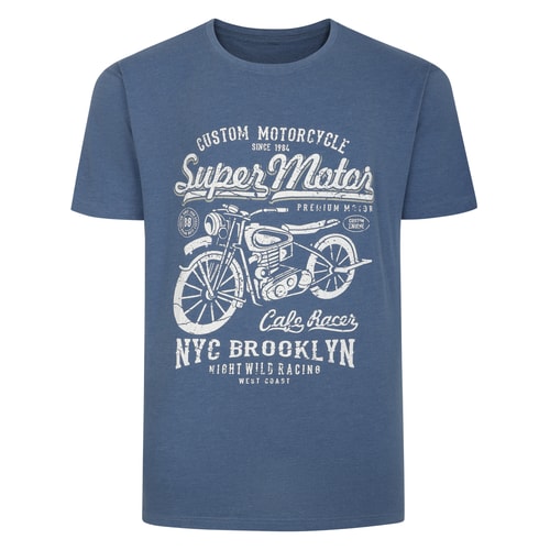 Bigdude – T-Shirt mit Motorrad-Print, Denim-Melange