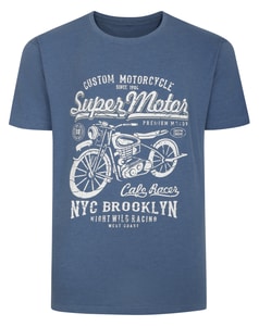 Bigdude – T-Shirt mit Motorrad-Print, Denim-Melange