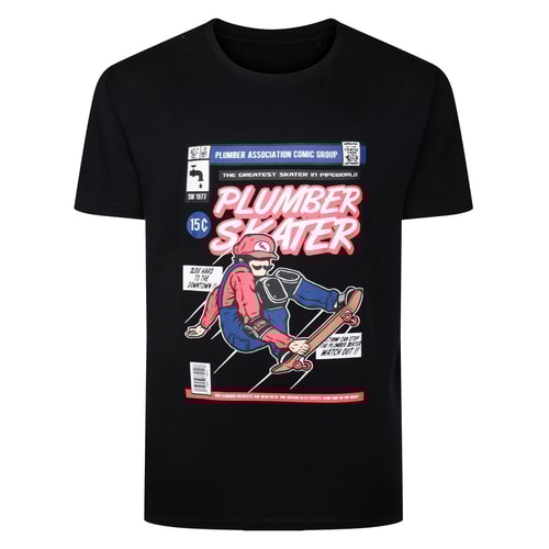 Bigdude Klempner-Skater-Print-T-Shirt Schwarz