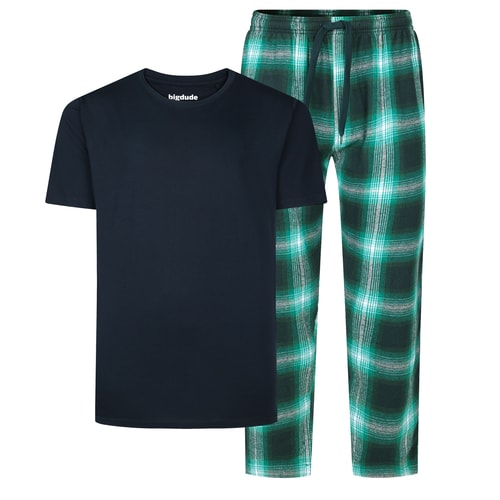 Bigdude Gemütliches Kurzarm-T-Shirt und karierte Hose Pyjama-Set Marineblau