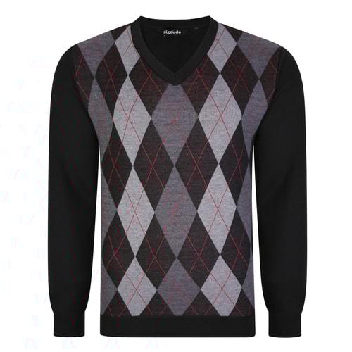 Bigdude Argyle V-Ausschnitt Strickpullover Schwarz