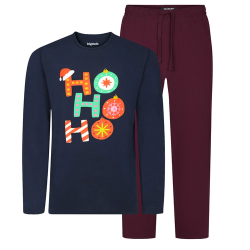 Bigdude Ho Ho Ho Weihnachts-Pyjama-Set, Marineblau/Burgunderrot