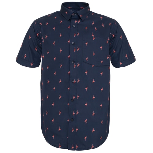 Bigdude Flamingo Print Kurzarmhemd Marineblau Tall Fit 