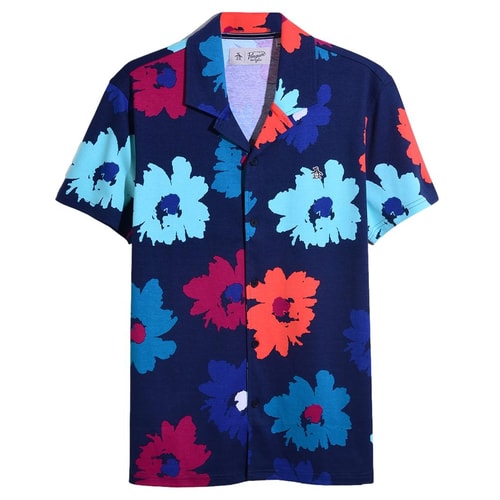 Original Pinguin-Blumendruck-Hemd mit Camp-Kragen Blau