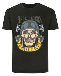 Bigdude Hell Rider Print Kurzarm-T-Shirt mit Acid-Wash-Effekt, gewaschenes Schwarz, Größe L
