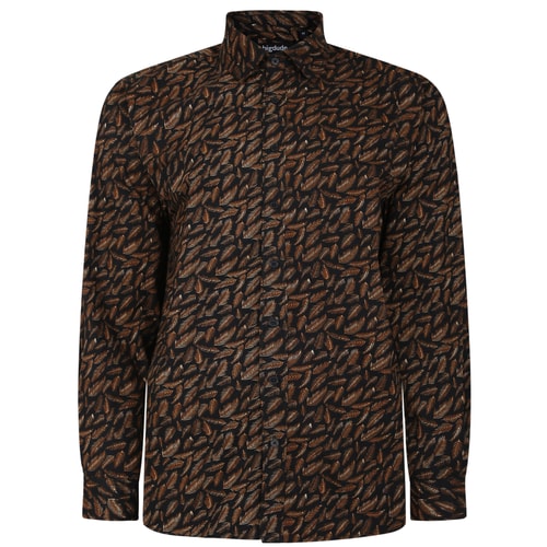 Bigdude – Langärmliges Popeline-Hemd mit Blattmuster in Schwarz