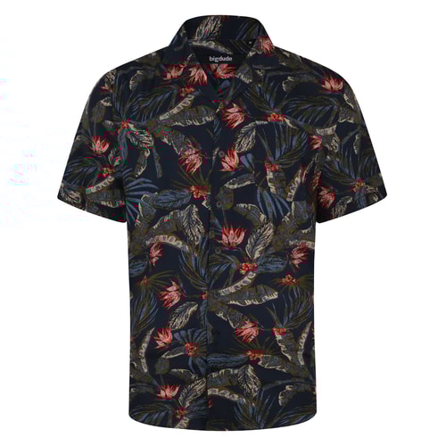 Bigdude Viskose-Blumenhemd mit entspanntem Kragen, Marineblau