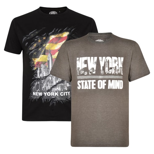 KAM New York Print T-Shirt im Doppelpack Schwarz/Anthrazit 