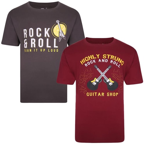 KAM Rock N Roll Print T-Shirts Doppelpack Grau & Weinrot 