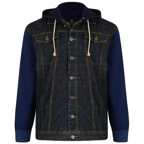 KAM Dark Denim Jacket with Fleece Sleeves and Hood